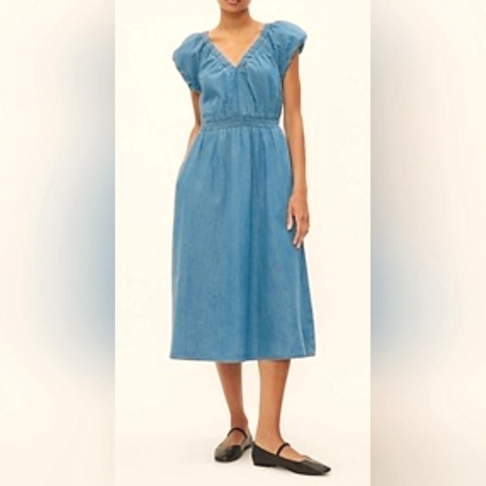 GAP Lightweight Denim Puff Sleeve Midi Dress, Size XS